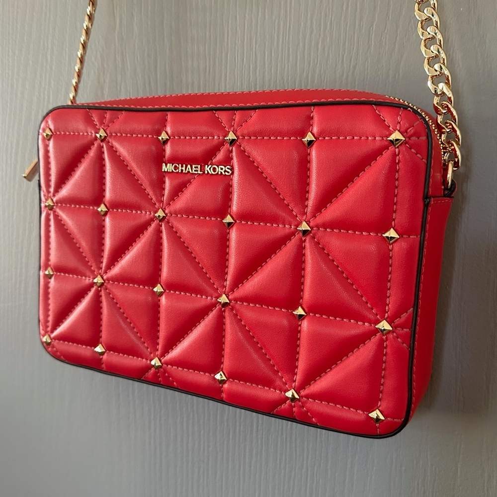 Michael Kors Pink and Gold Crossbody Bag with Quilted Texture and Chain Strap